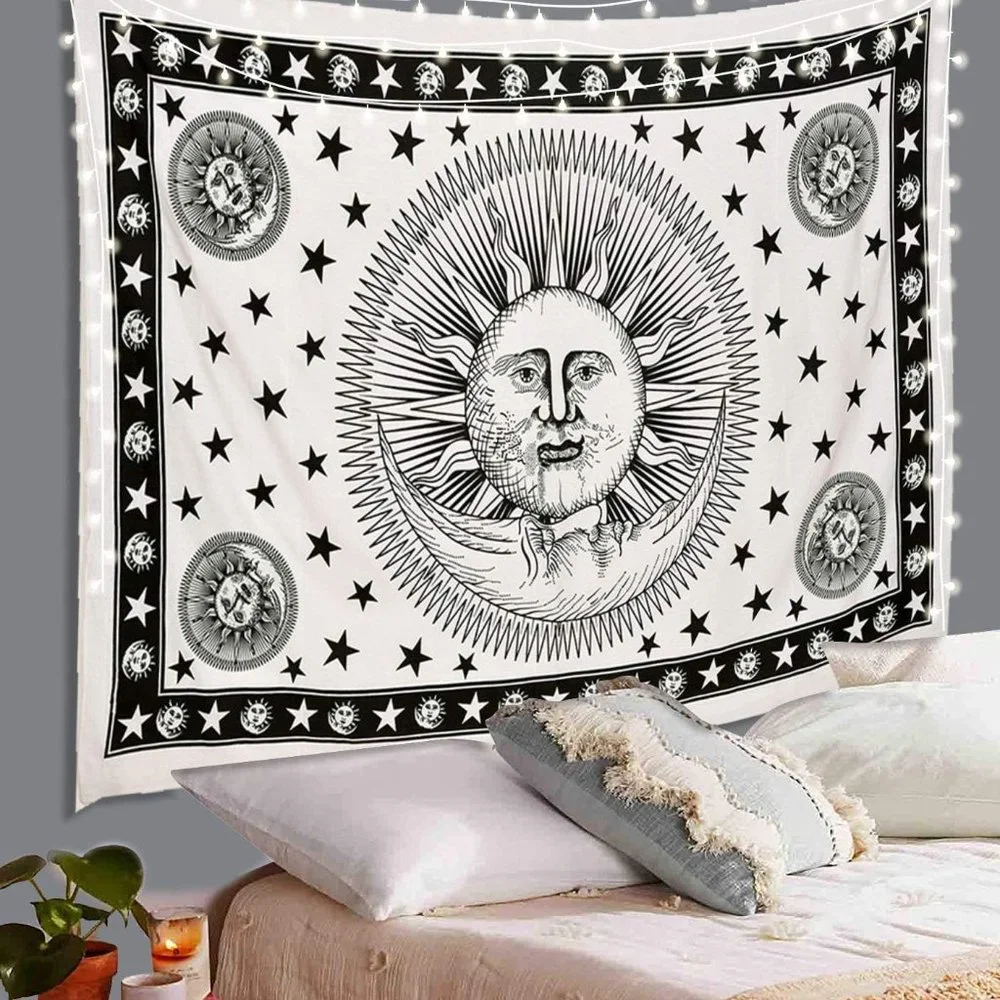 NEW Cotton Tapestry Black White Sun Star Moon Celestial Universe Boho Bohemian